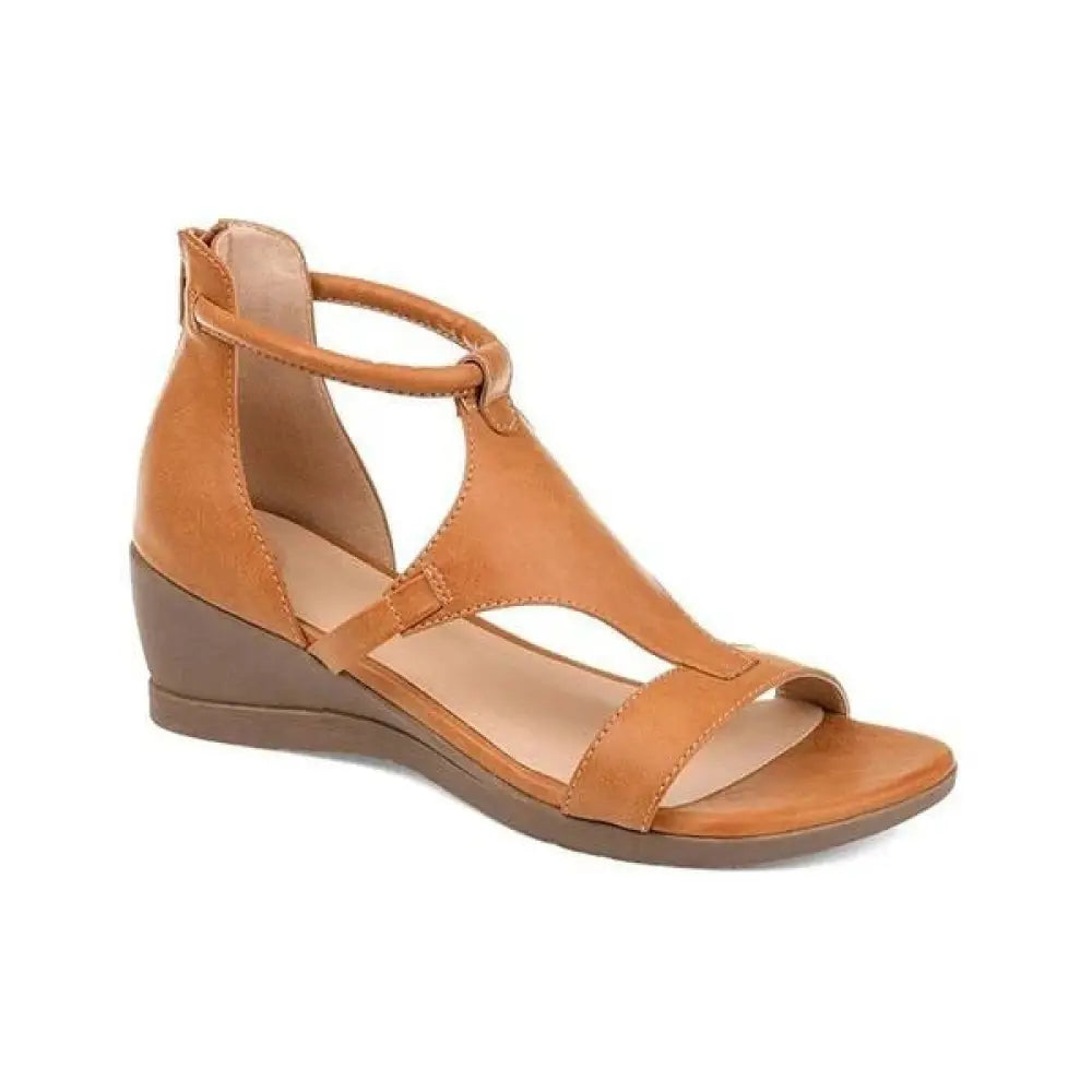 Tan leather and suede wedge sandal for women with t-strap and ankle strap ideal for summer wear