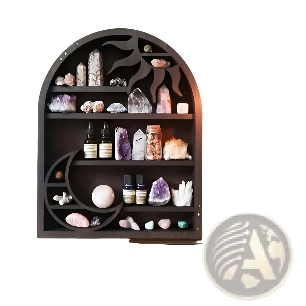 Dark wooden arched sun floating shelf with intricate sun and moon cutouts displaying crystals and small bottles