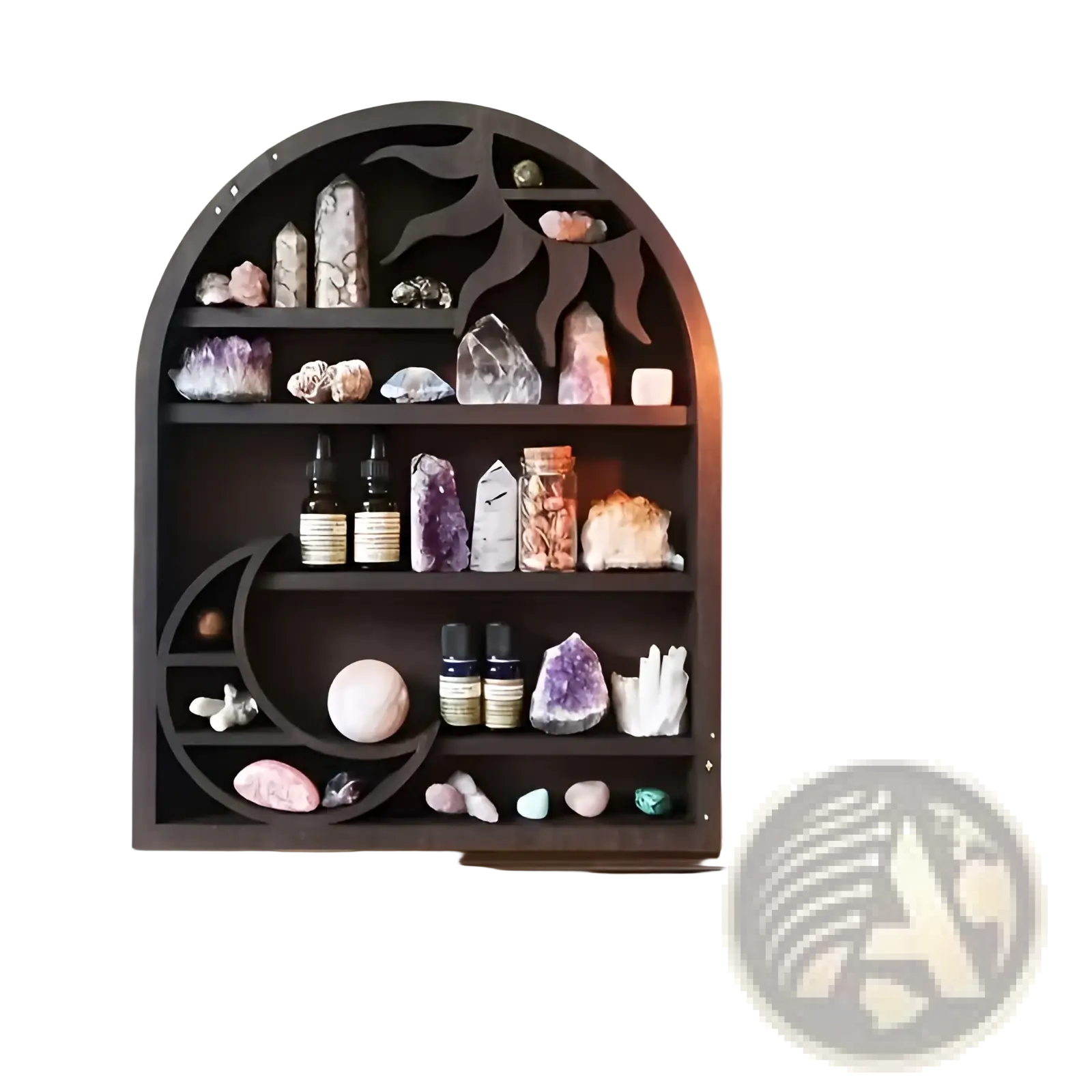 Dark wooden arched sun floating shelf with intricate sun and moon cutouts displaying crystals and small bottles