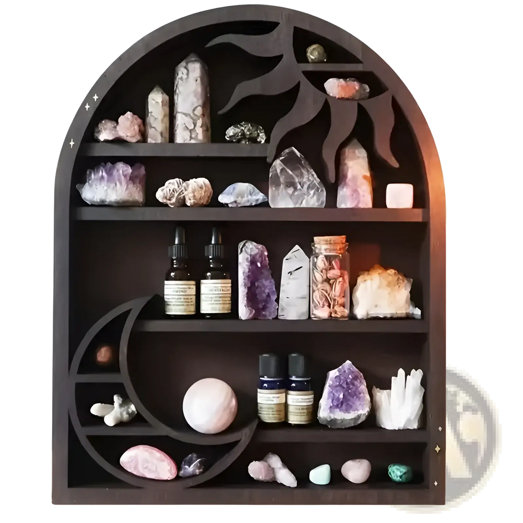 Dark wood arched sun floating shelf with moon and sun cutouts displaying crystals minerals and essential oil bottles