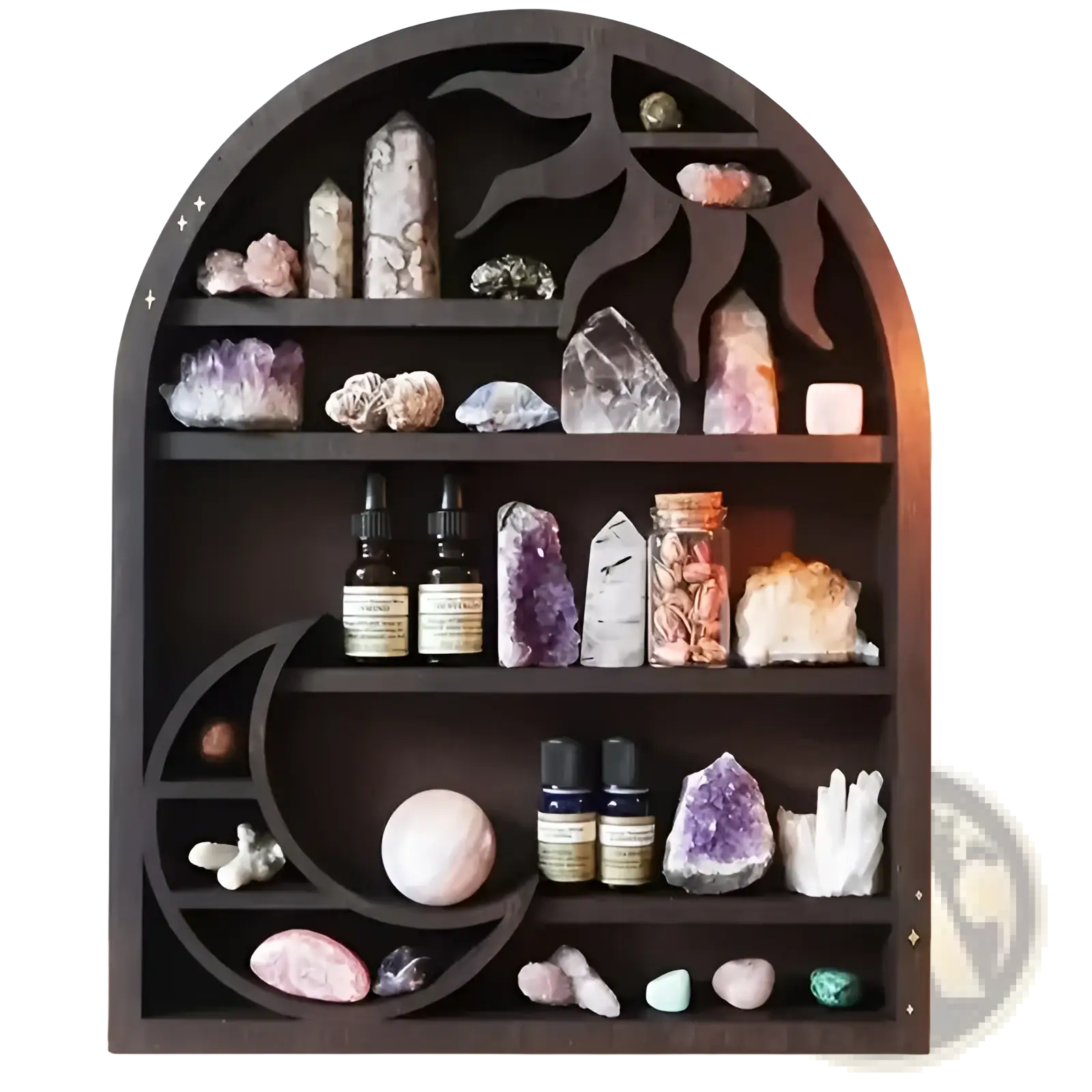 Dark wood arched sun floating shelf with moon and sun cutouts displaying crystals minerals and essential oil bottles