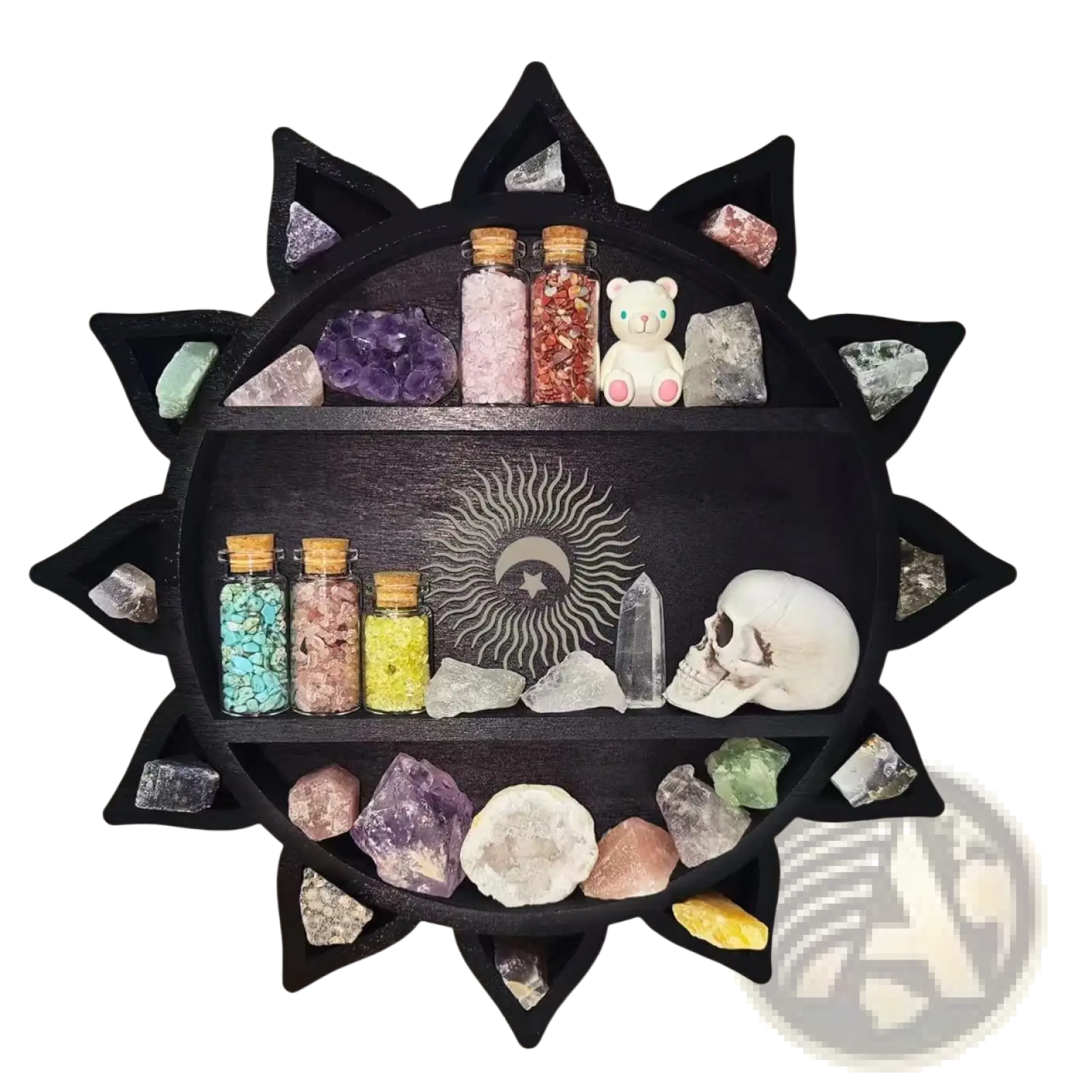 Black sun-shaped wooden floating shelf with three tiers holding crystals and small bottles for display