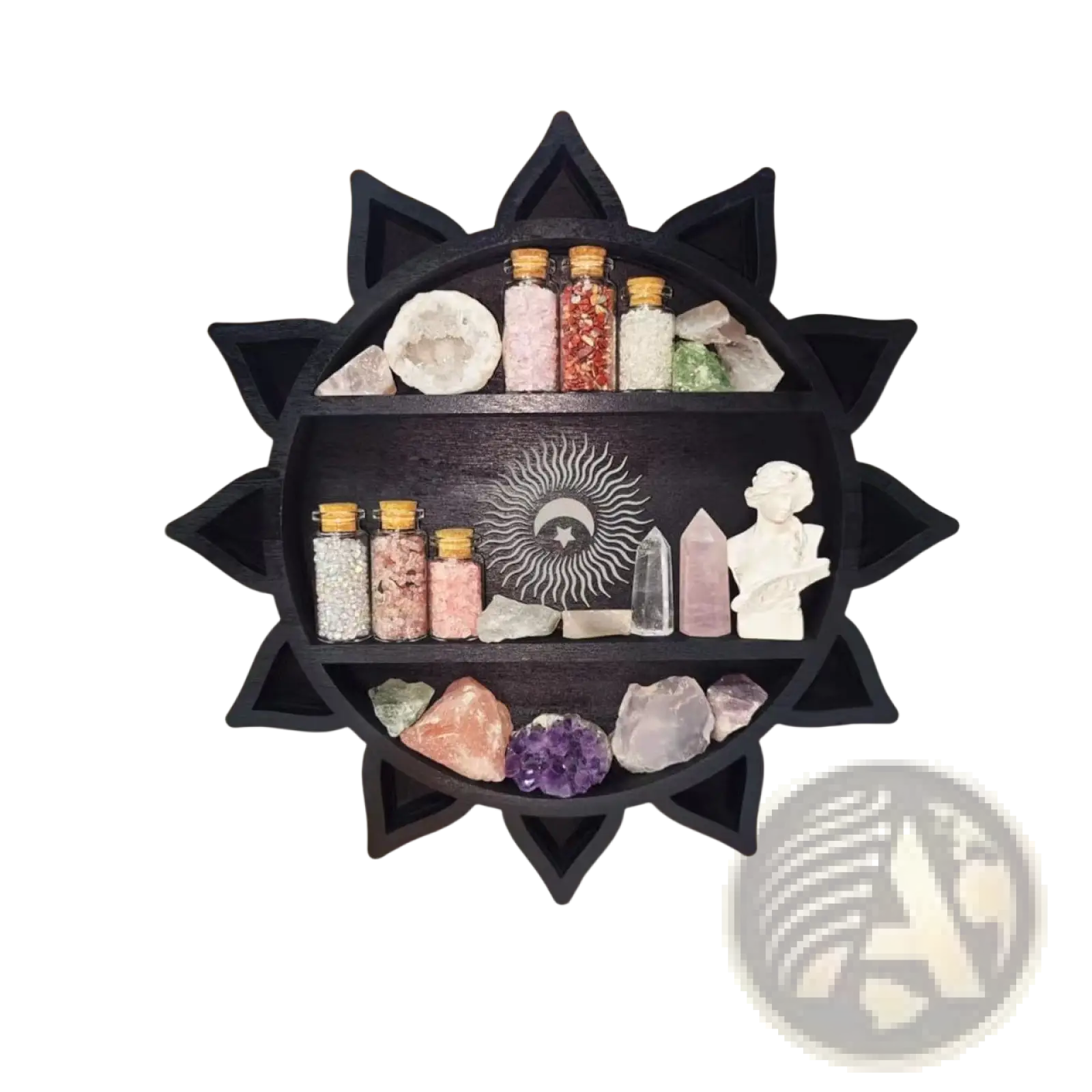 Black sun-shaped wooden floating shelf with two tiers displaying crystals gemstones and glass jars for display