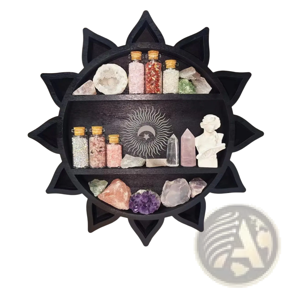 Black sun-shaped wooden floating shelf with three tiers displaying crystals minerals and glass jars for display