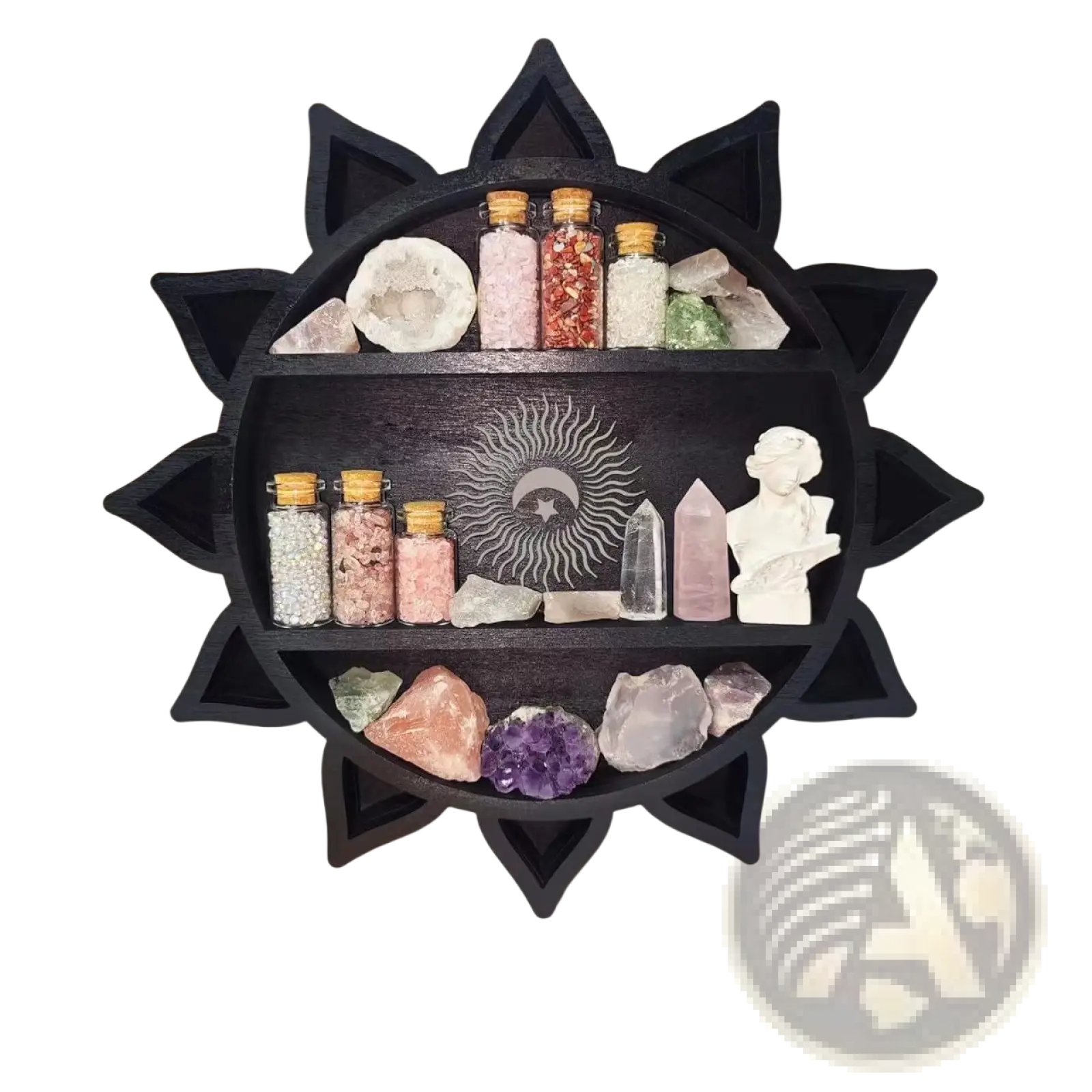 Black sun-shaped wooden floating shelf with three tiers displaying crystals minerals and glass jars for display