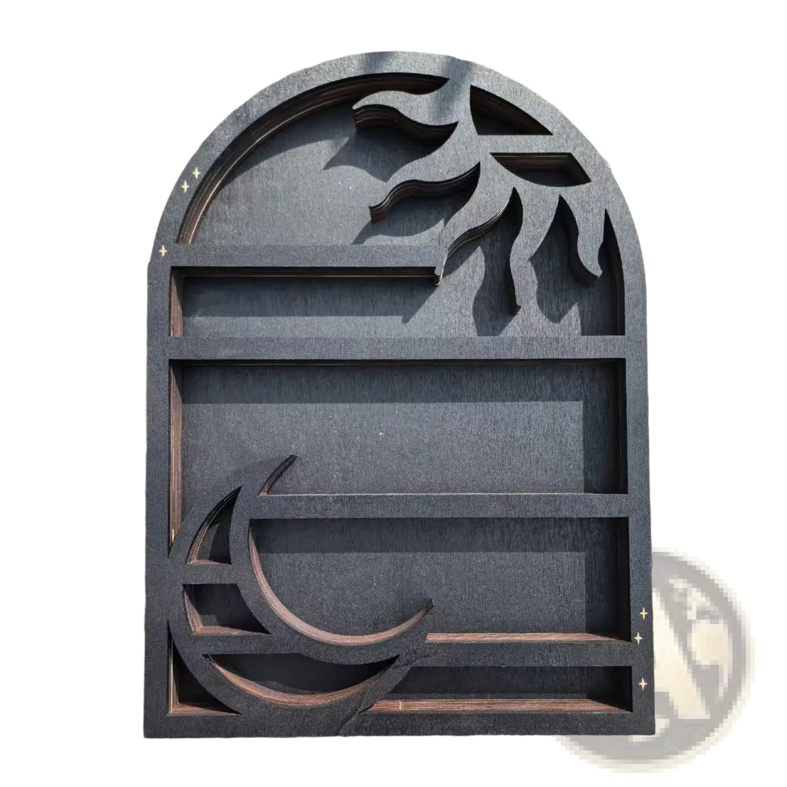 Sun floating shelf black wooden crystal display rack with dark gray arched top and carved leaf and crescent moon designs