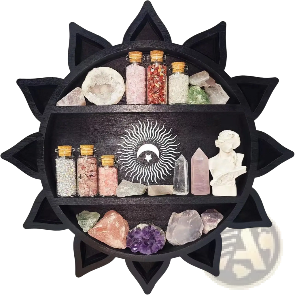 Black sun-shaped wooden floating shelf with three tiers for displaying crystals minerals and glass bottles