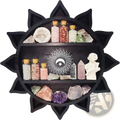 Black sun-shaped wooden floating shelf with three tiers for displaying crystals minerals and glass bottles
