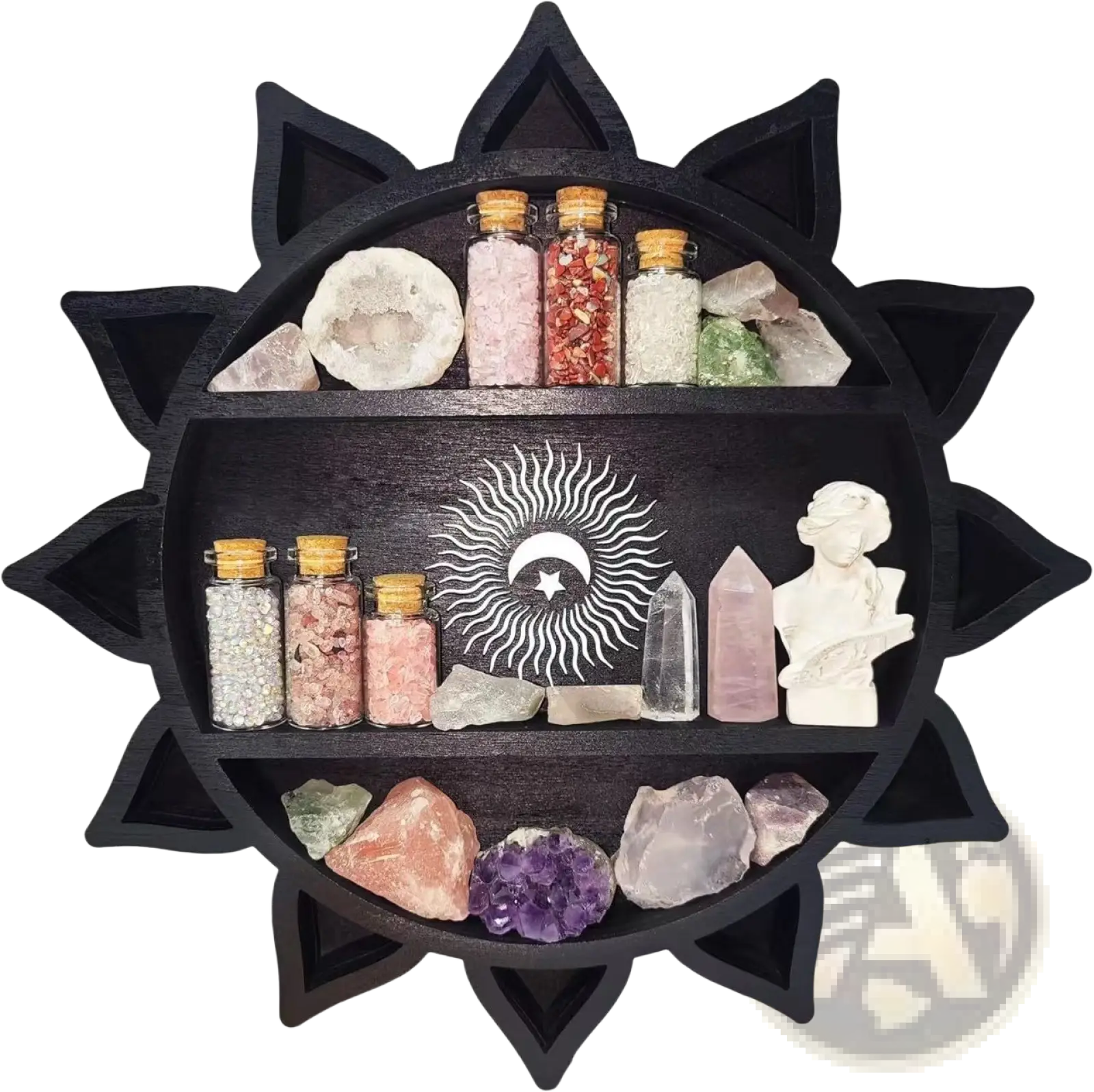 Black sun-shaped wooden floating shelf with three tiers for displaying crystals minerals and glass bottles