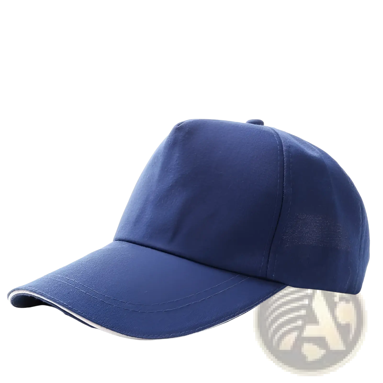 Navy blue unisex baseball cap made of polyester cotton sandwich fabric with white trim along the brim