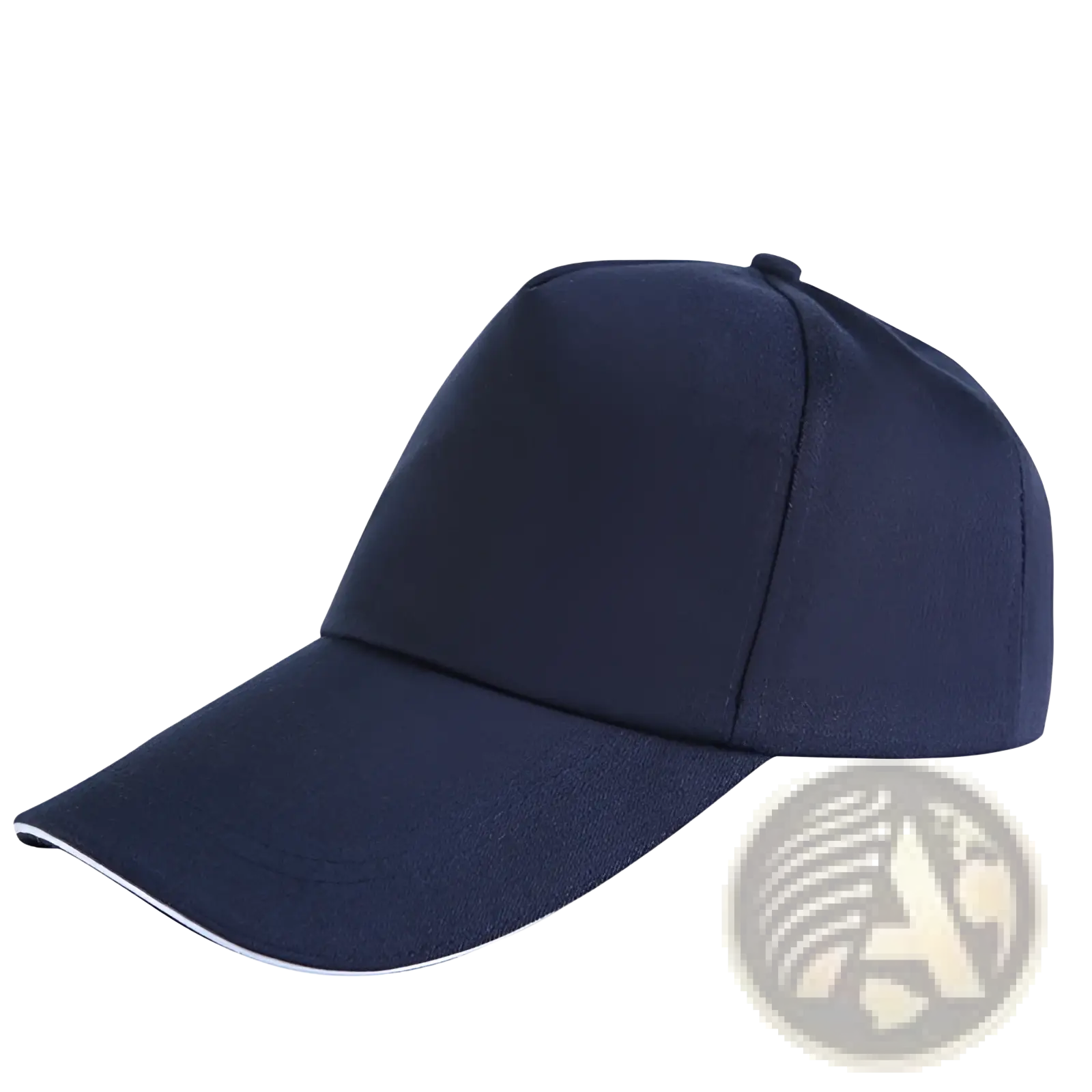 Navy unisex cotton polyester baseball cap with sandwich design, curved brim, and stitched seams for sun protection
