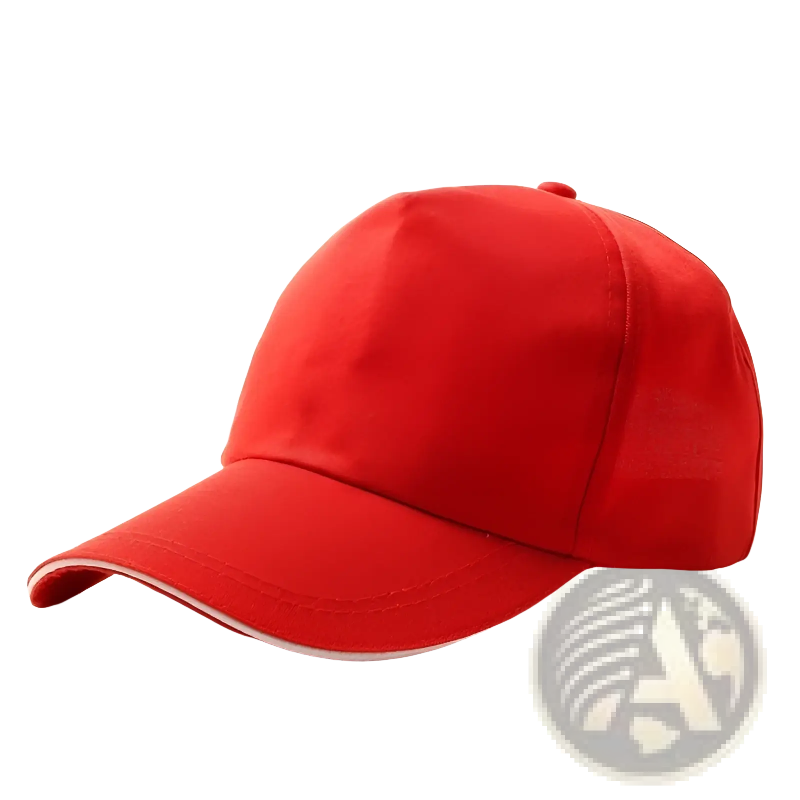 Red unisex baseball cap made of polyester-cotton sandwich fabric with white trim along the brim for sun protection