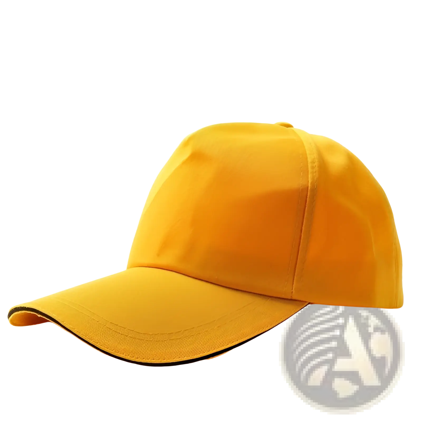 Bright yellow unisex baseball cap made of polyester cotton sandwich fabric with black trim along the brim