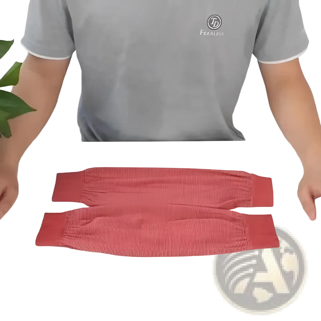 Red ribbed knit arm warmers in breathable elastic fabric designed for sun protection and cooling comfort