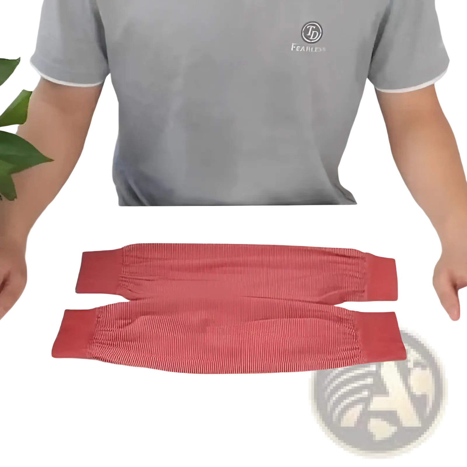 Red ribbed knit arm warmers in breathable elastic fabric designed for sun protection and cooling comfort