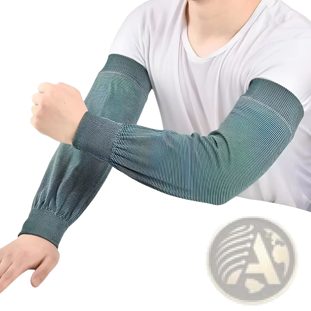 Teal and white striped knit sun protection cooling arm sleeves breathable elastic for outdoor use