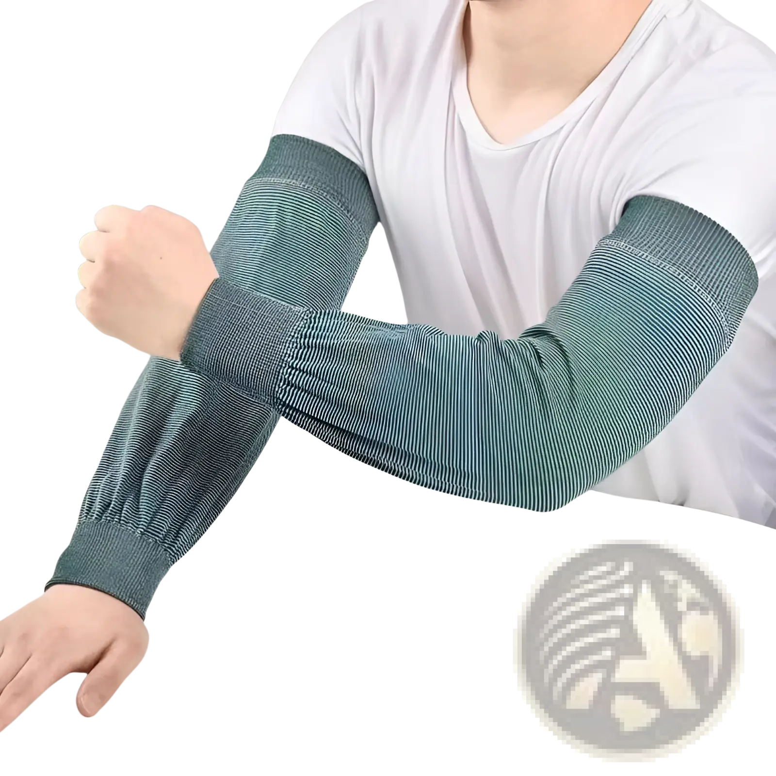 Teal and white striped knit sun protection cooling arm sleeves breathable elastic for outdoor use