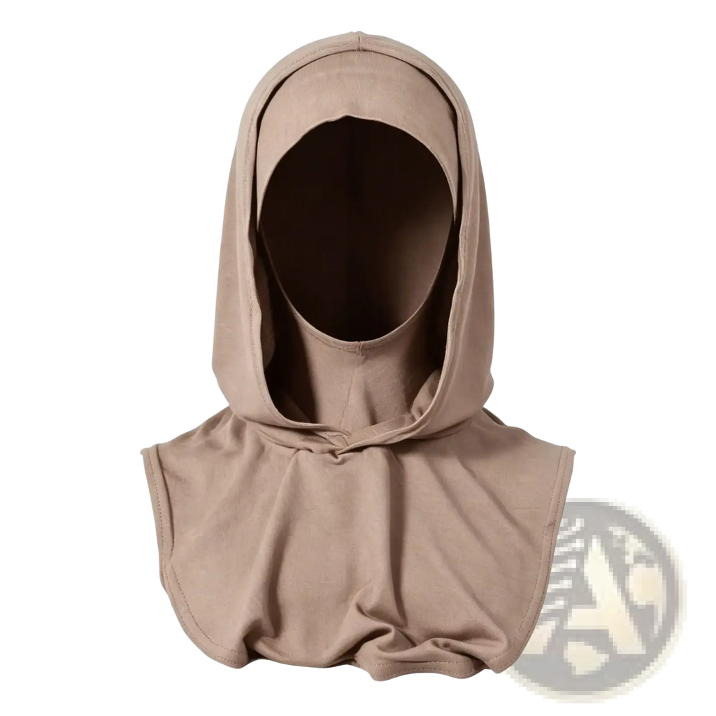 Beige sun protection hijab cap face shield made of soft stretchy fabric with smooth finish and seamless construction