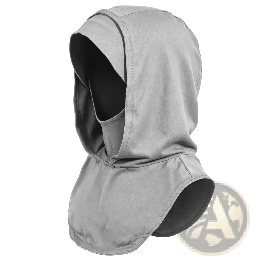 Gray fabric sun protection hijab cap face shield with hood neck coverage and reinforced edge stitching