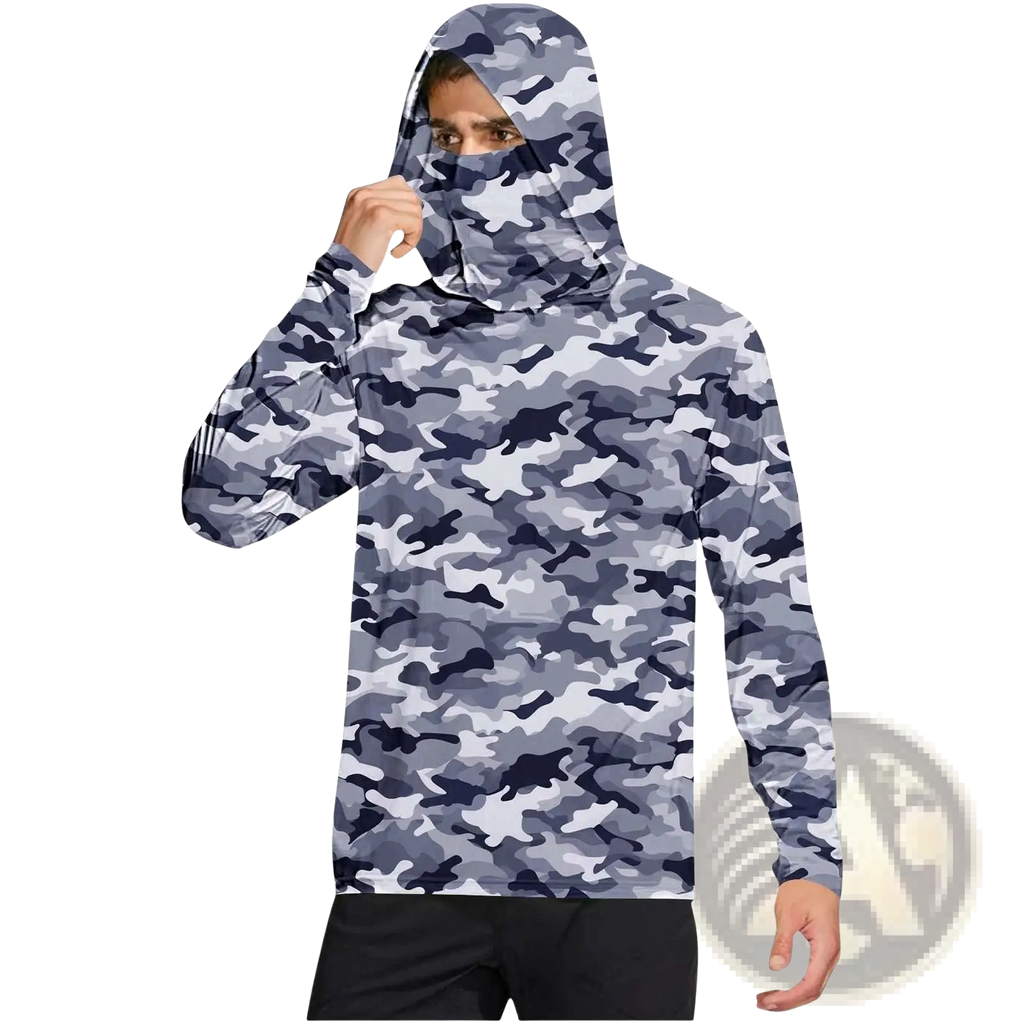 Sun protection ice silk outdoor hoodie in gray and black camouflage with face covering panel and long sleeves