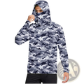 Sun protection ice silk outdoor hoodie in gray and black camouflage with face covering panel and long sleeves