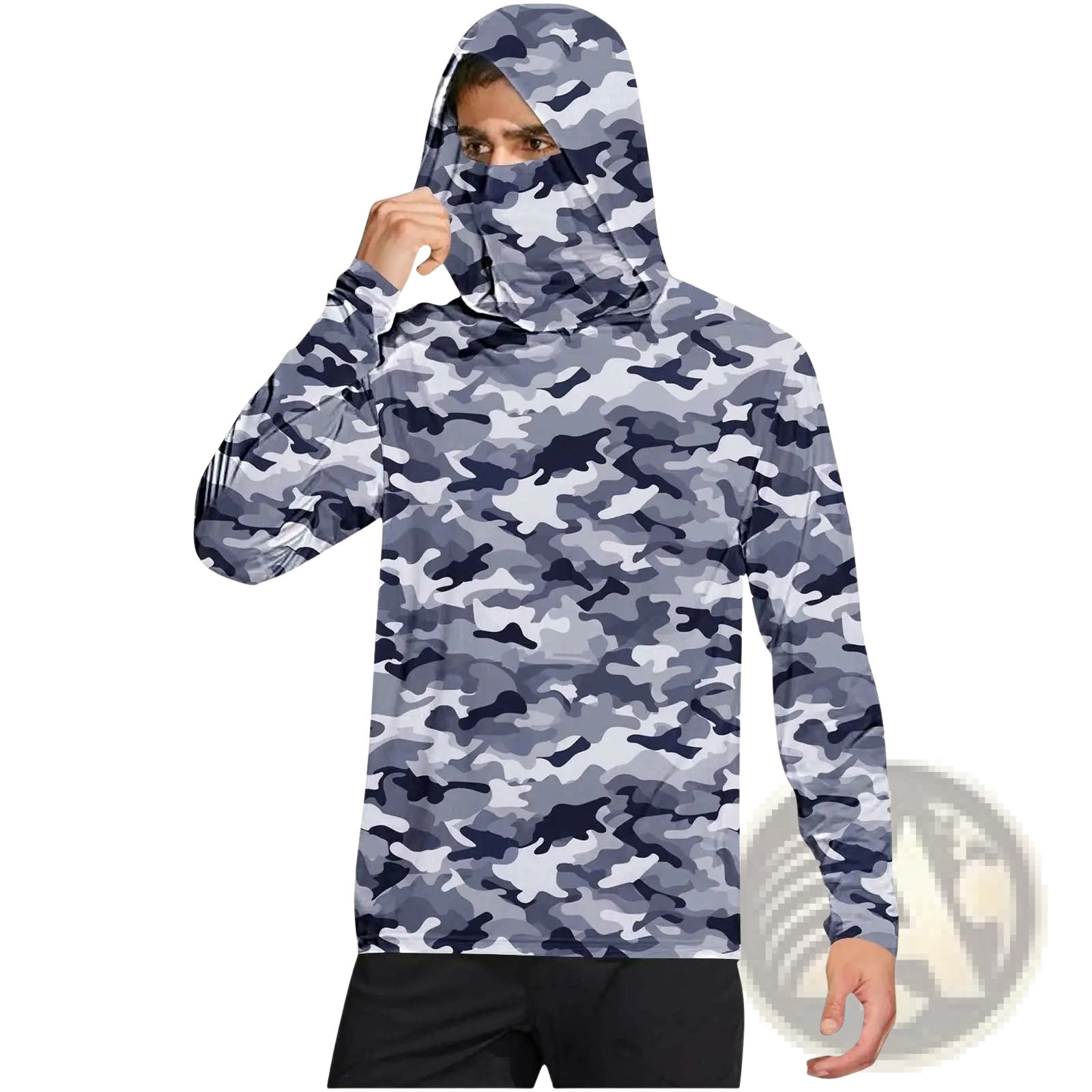 Sun protection ice silk outdoor hoodie in gray and black camouflage with face covering panel and long sleeves