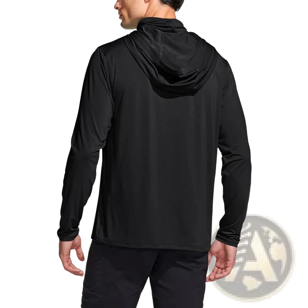 Black long-sleeved hooded athletic jacket in ice silk material featuring sun protection for outdoor activities