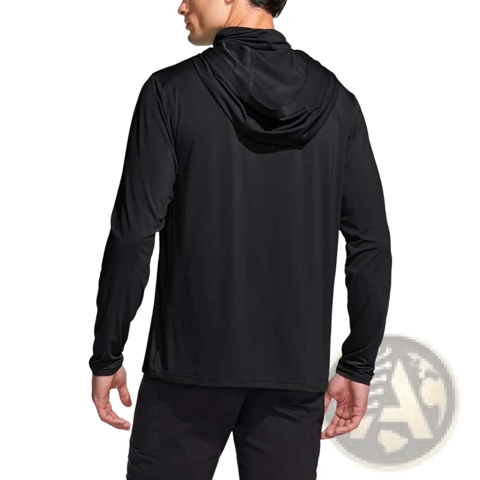 Black long-sleeved hooded athletic jacket in ice silk material featuring sun protection for outdoor activities