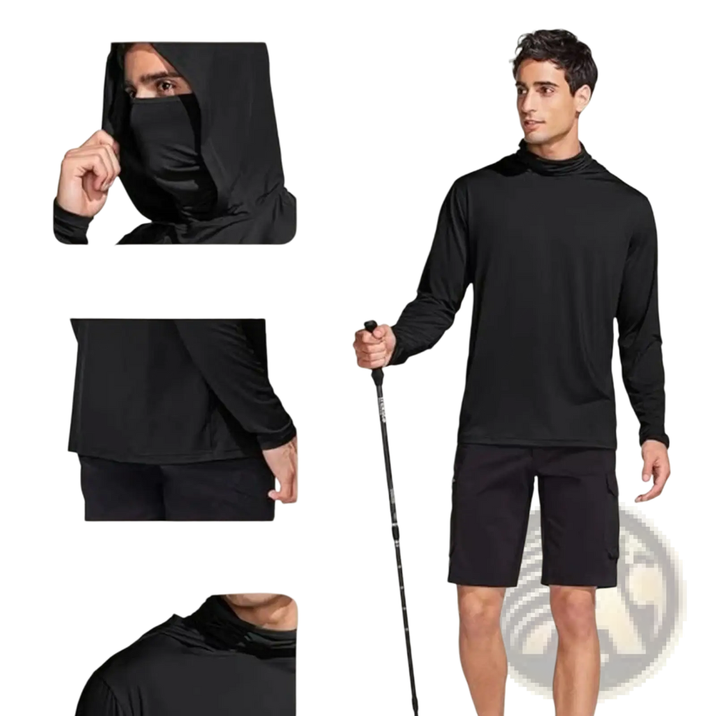 Black long-sleeved hooded athletic top with integrated face mask and curved hem made of ice silk for sun protection outdoors