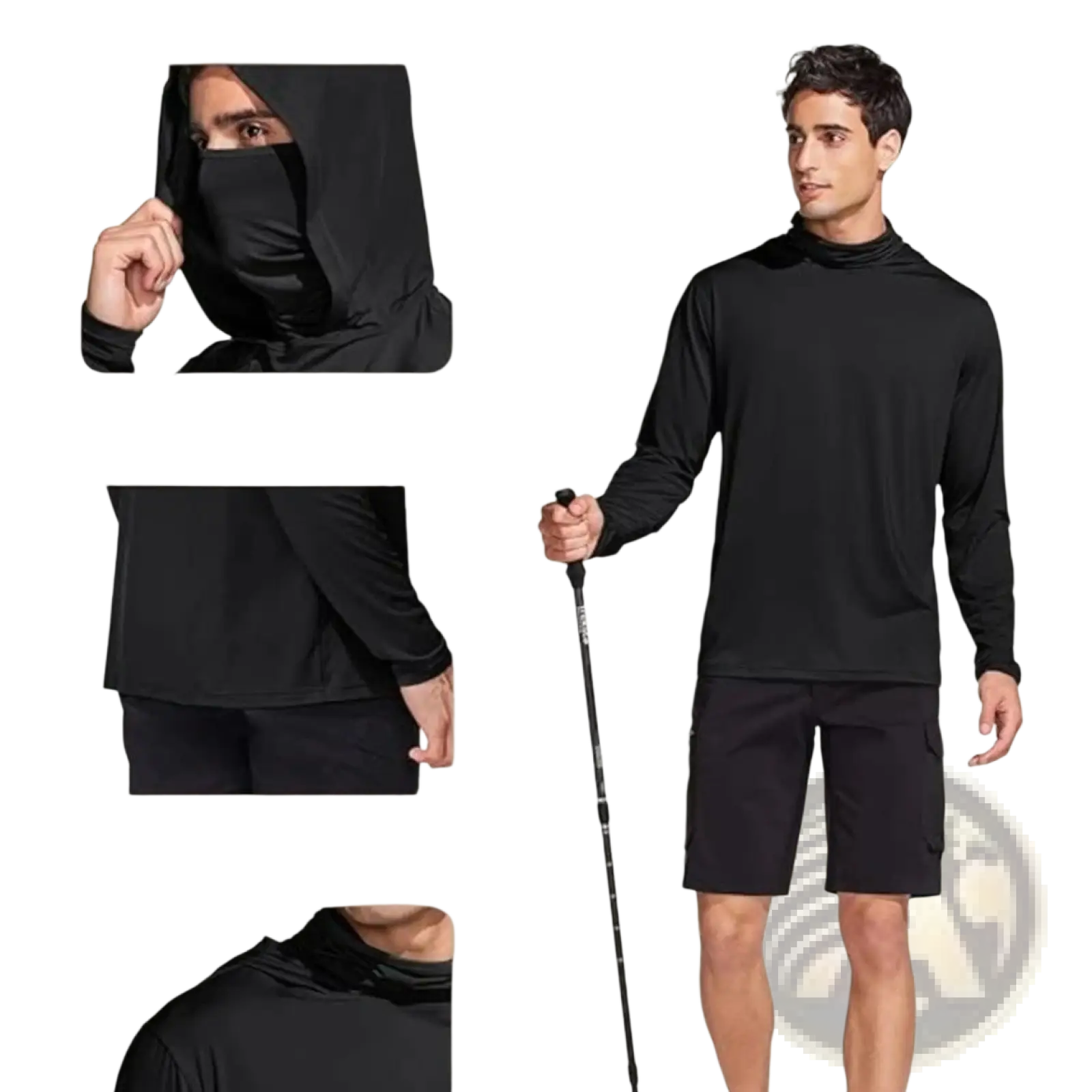 Black long-sleeved hooded athletic top with integrated face mask and curved hem made of ice silk for sun protection outdoors