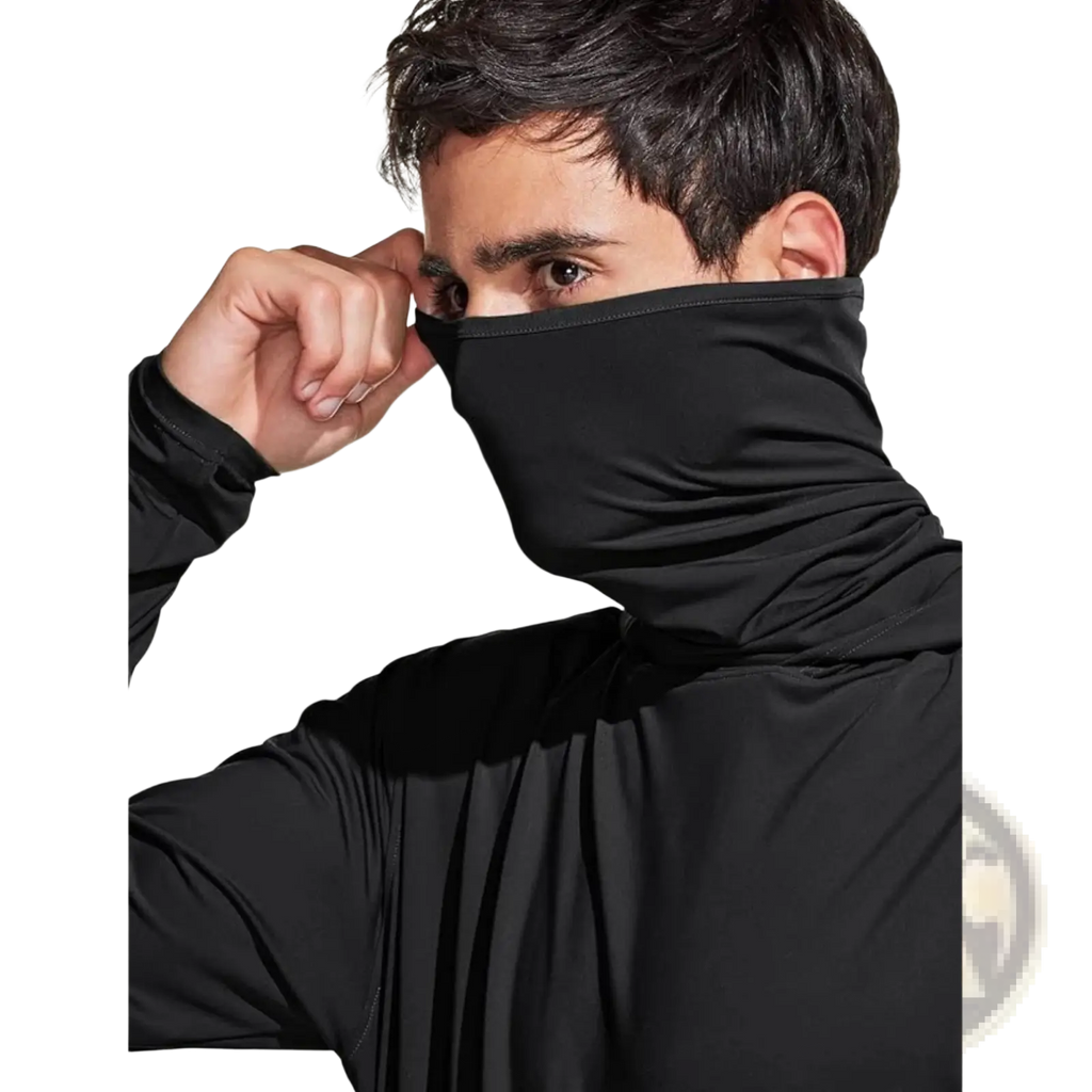 Black stretchy ice silk fabric face mask with high collar and snug fit for sun protection outdoor hoodie use