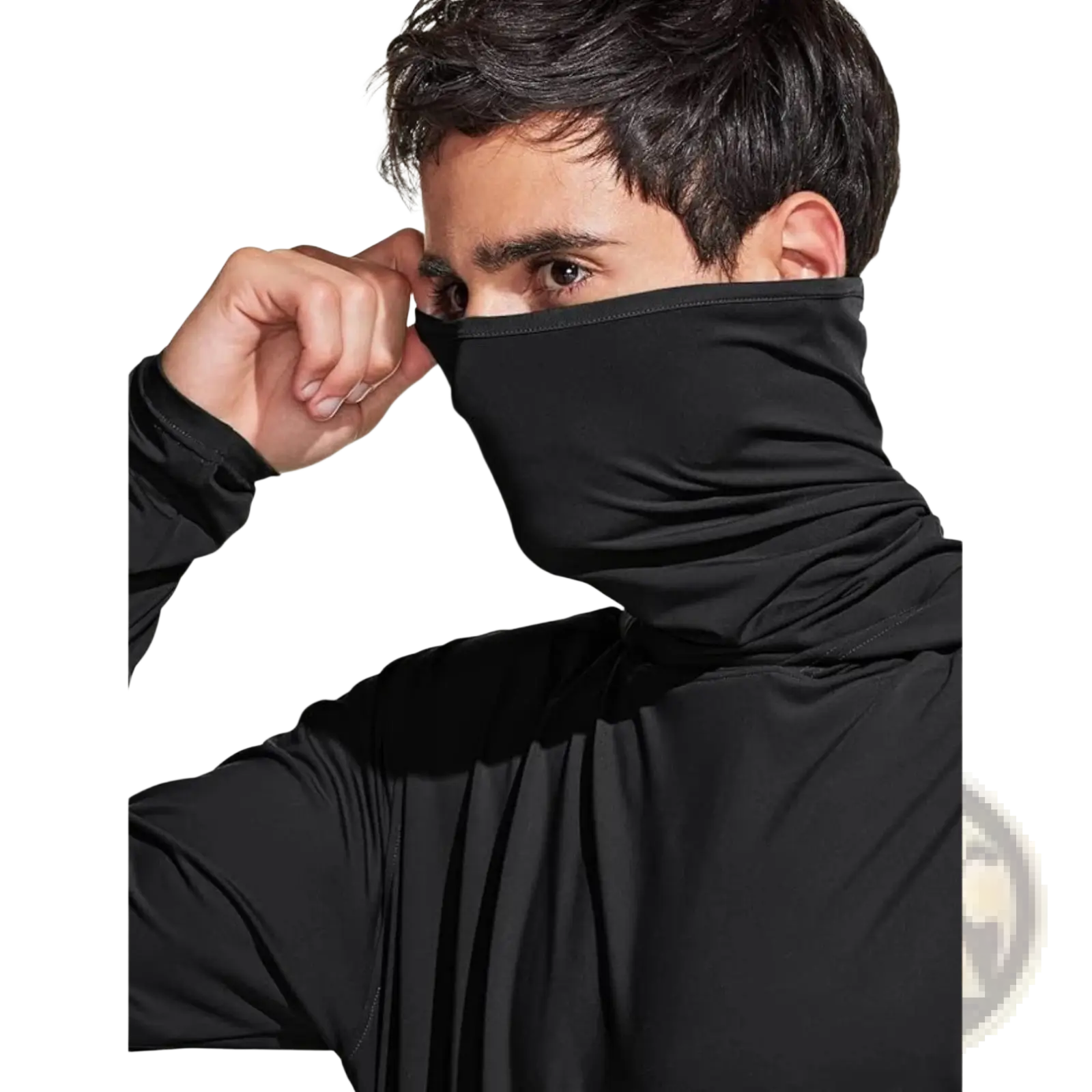 Black stretchy ice silk fabric face mask with high collar and snug fit for sun protection outdoor hoodie use