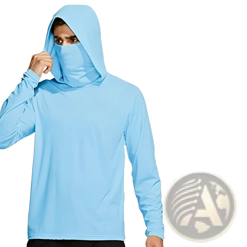 Light blue long-sleeved sun protection ice silk outdoor hoodie with hood and face covering for UV defense