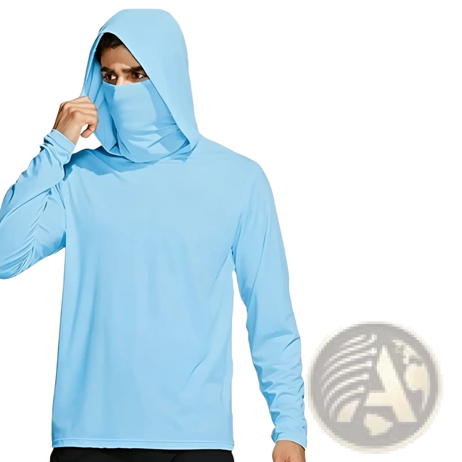 Light blue long-sleeved sun protection ice silk outdoor hoodie with hood and face covering for UV defense