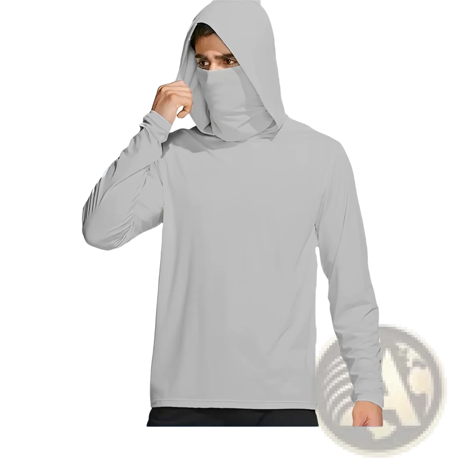 Light gray ice silk long-sleeved outdoor hoodie with integrated face mask for sun protection