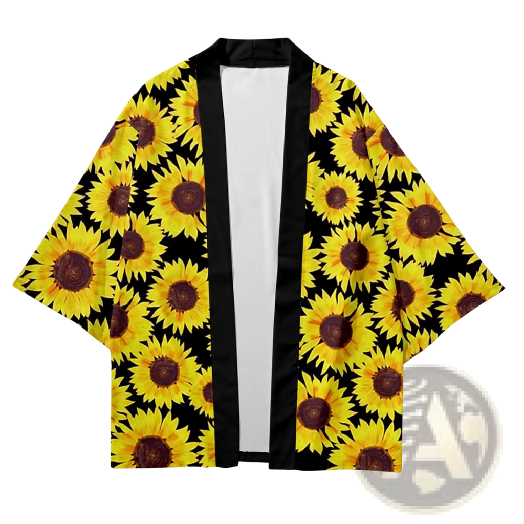 A vibrant yellow sunflower patterned black kimono jacket with sleek satin trim in a loose fit men’s cardigan style