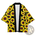 A vibrant yellow sunflower patterned black kimono jacket with sleek satin trim in a loose fit men’s cardigan style