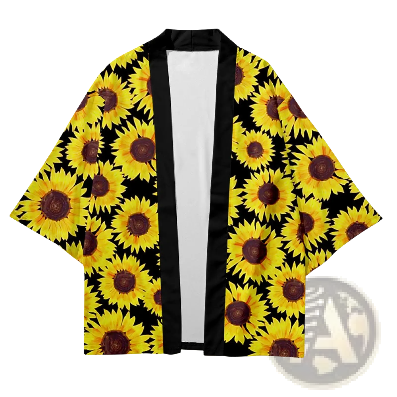 A vibrant yellow sunflower patterned black kimono jacket with sleek satin trim in a loose fit men’s cardigan style