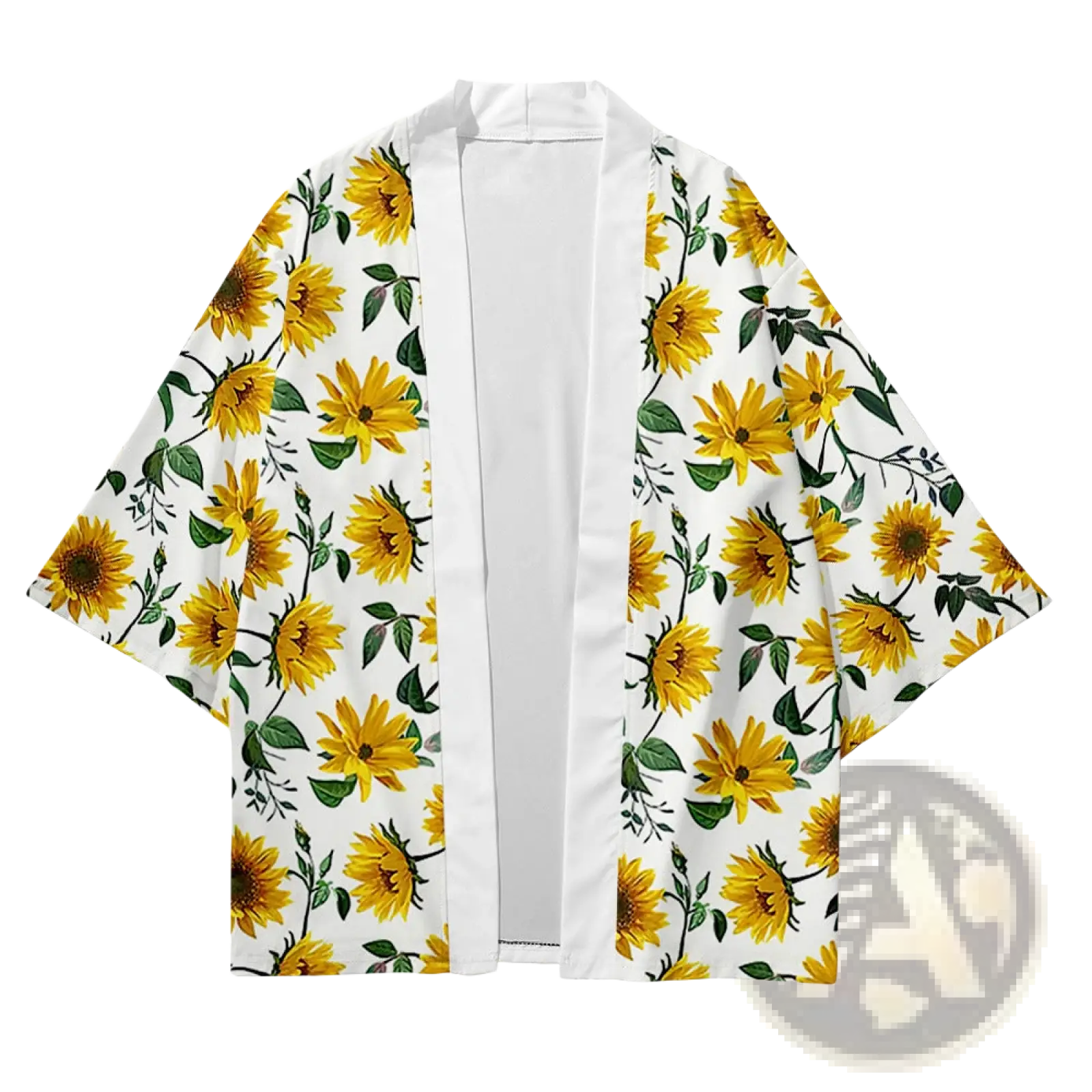 White sunflower-printed loose fit men’s kimono jacket with vibrant yellow blooms and green leaves on flowing open front design