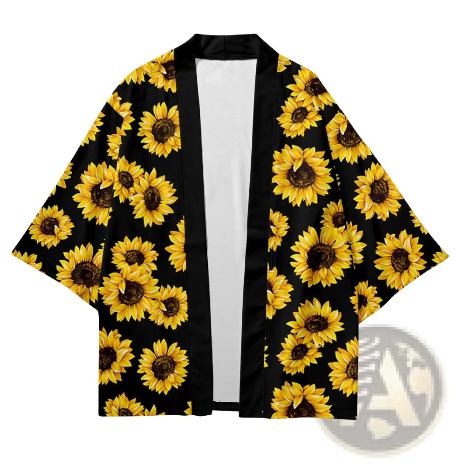 Black sunflower-patterned kimono jacket with vibrant yellow blooms and dark brown centers for loose fit men’s cardigan