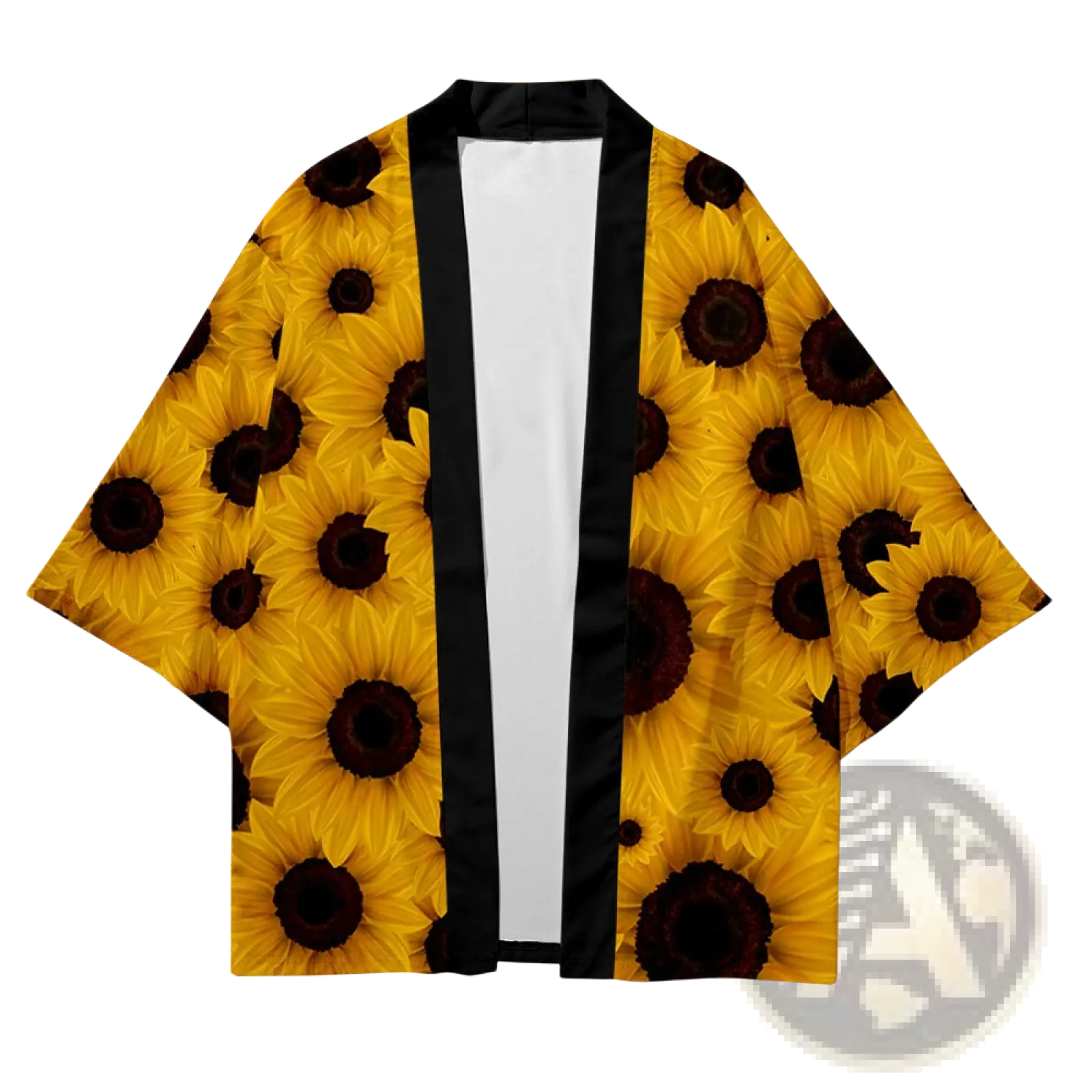 Yellow sunflower-patterned kimono jacket with black trim loose fit men’s cardigan ideal for casual wear