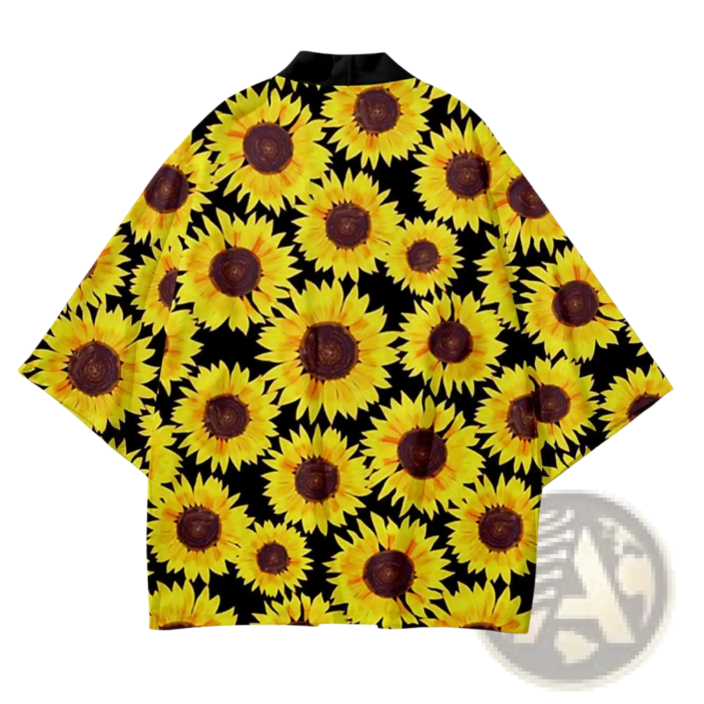 Black kimono-style loose fit men’s cardigan with vibrant yellow sunflower print and dark brown centers