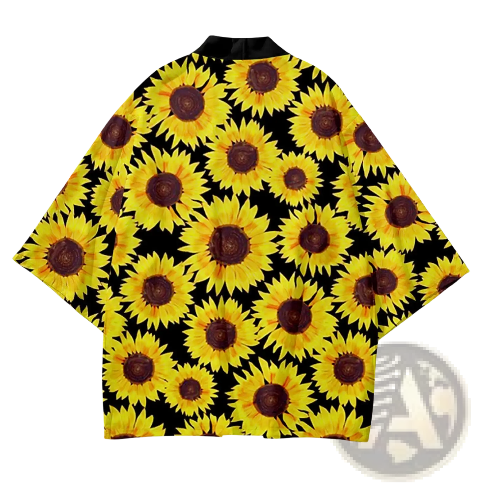 Black kimono-style loose fit men’s cardigan with vibrant yellow sunflower print and dark brown centers