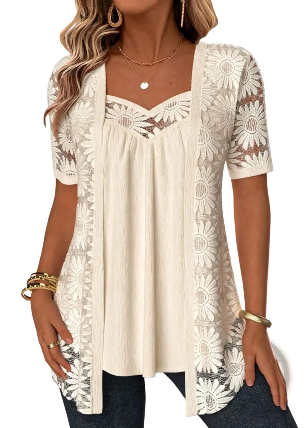 Cream-colored sunflower lace overlay cardigan with short sleeves and a relaxed fit from sunflower lace two-piece top collection