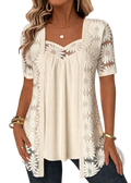 Cream-colored sunflower lace overlay cardigan with short sleeves and a relaxed fit from sunflower lace two-piece top collection