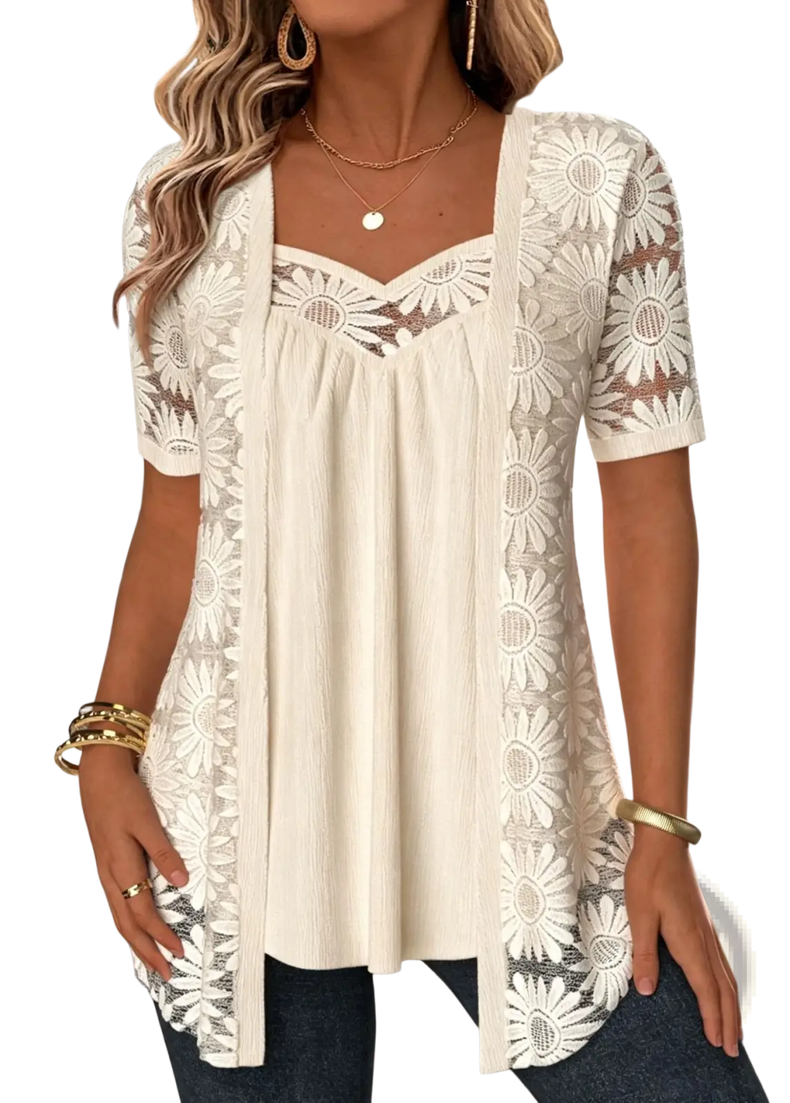 Cream-colored sunflower lace overlay cardigan with short sleeves and a relaxed fit from sunflower lace two-piece top collection