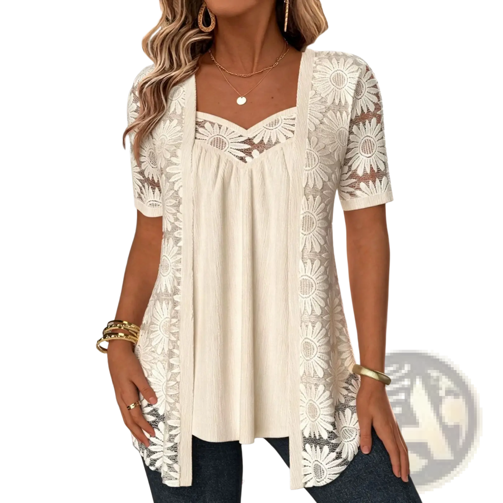 Cream-colored sunflower lace two-piece top with short sleeves and a relaxed fit in lace overlay material
