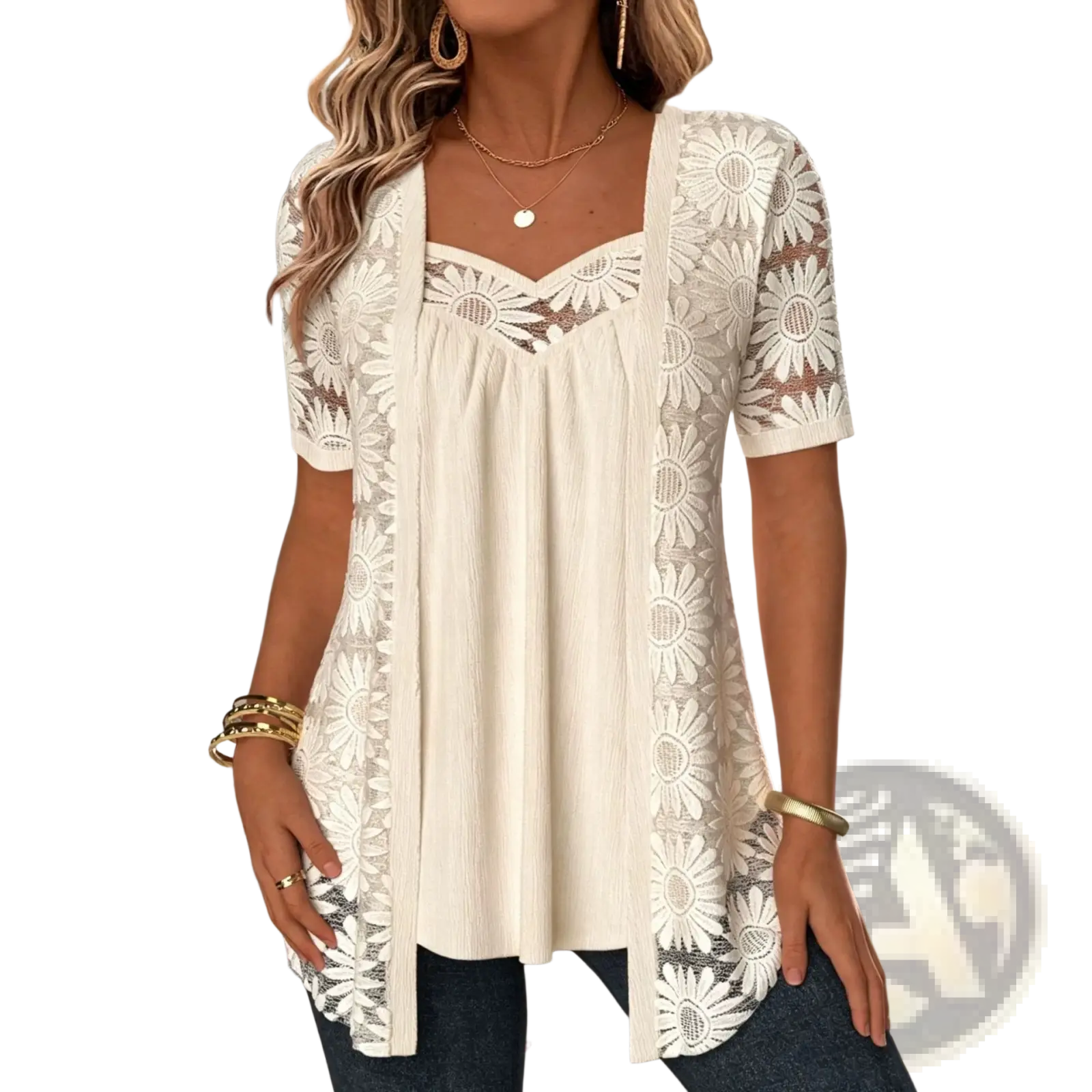 Cream-colored sunflower lace two-piece top with short sleeves and a relaxed fit in lace overlay material