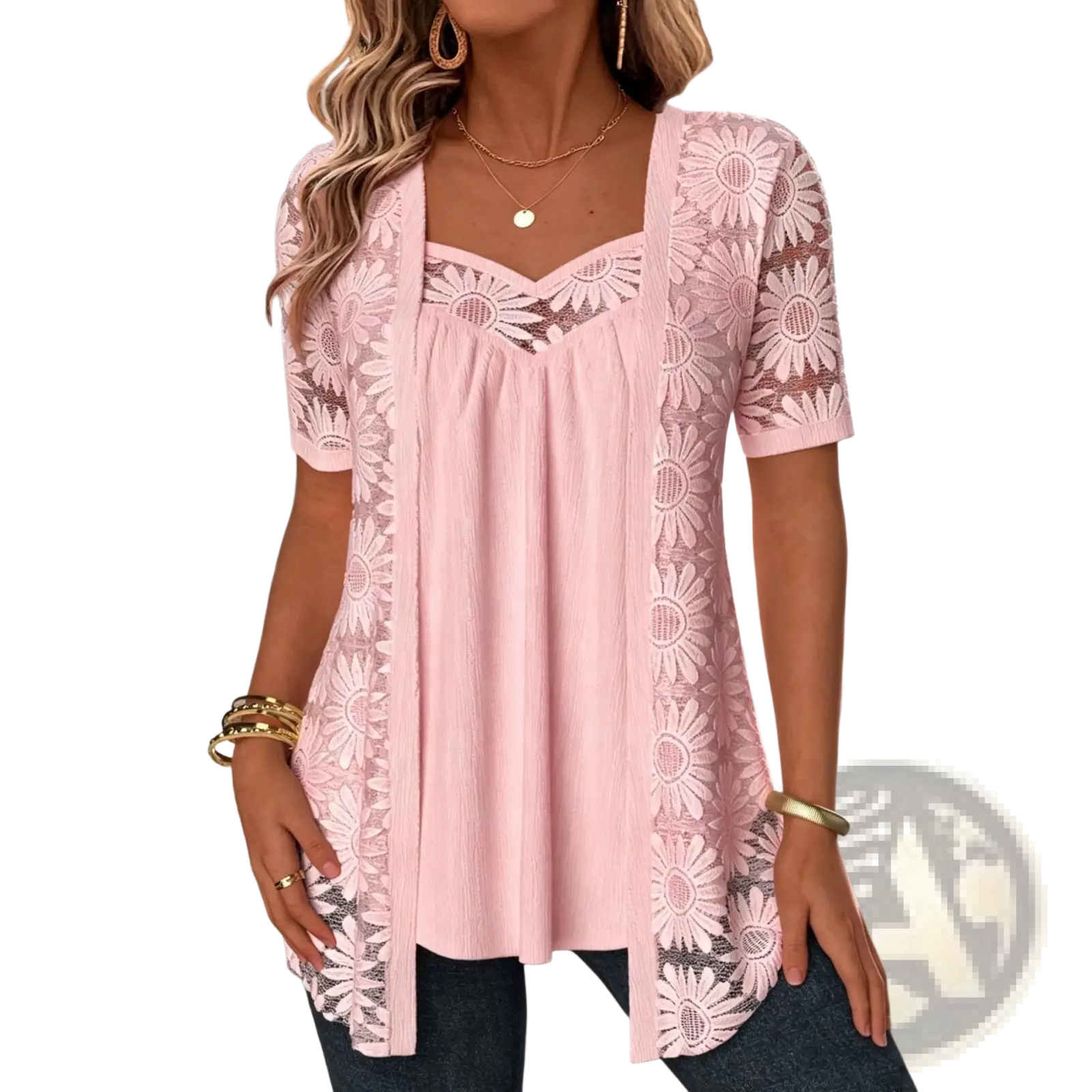 A soft pink sunflower lace two-piece top featuring short sleeves and a flattering v-neckline