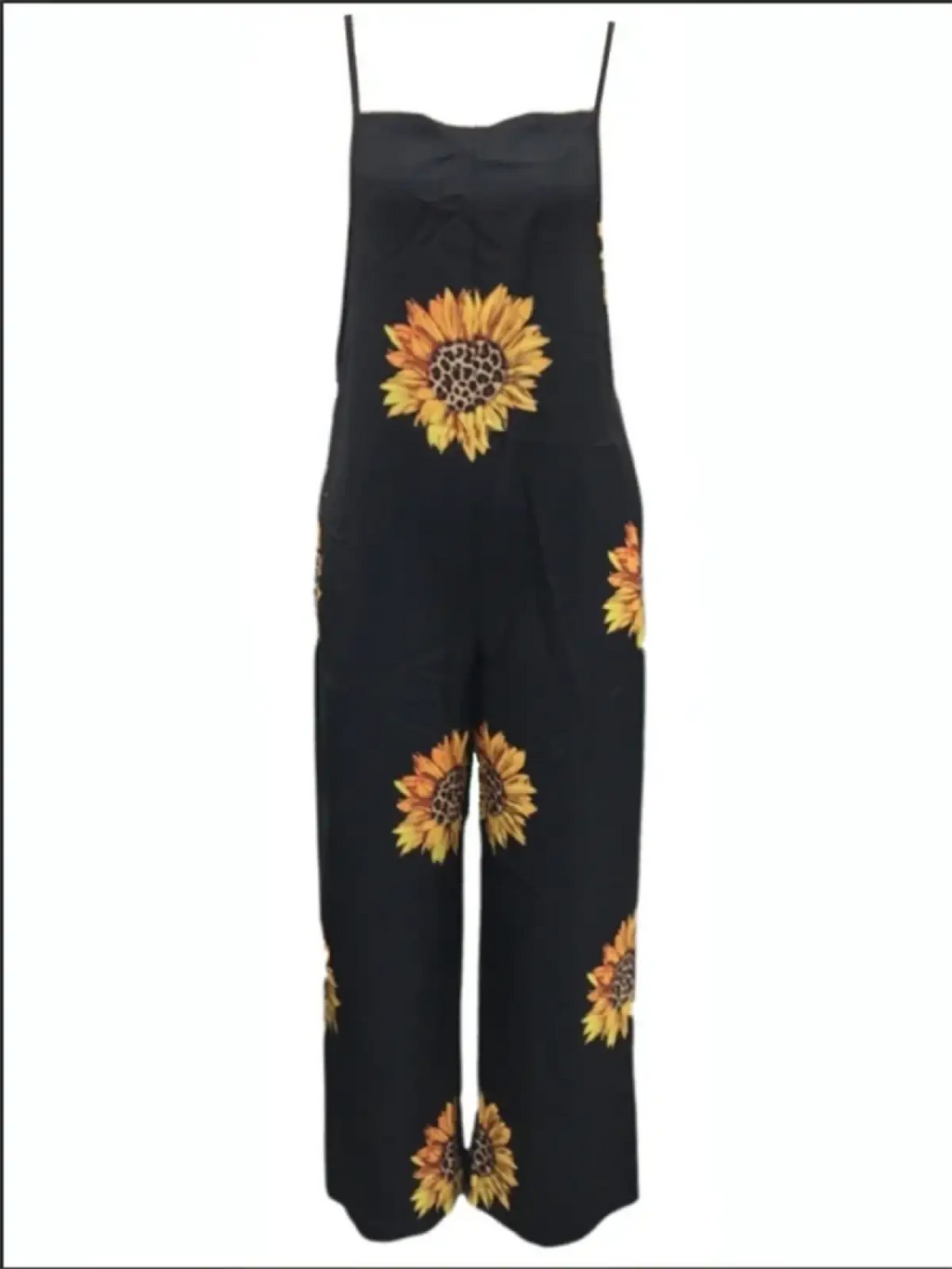 Black sunflower print wide-leg summer jumpsuit with thin spaghetti straps perfect for casual warm weather wear
